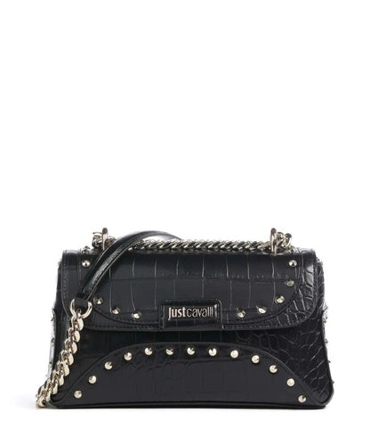 Black Embossed Leather Shoulder Bag with Stud Accents