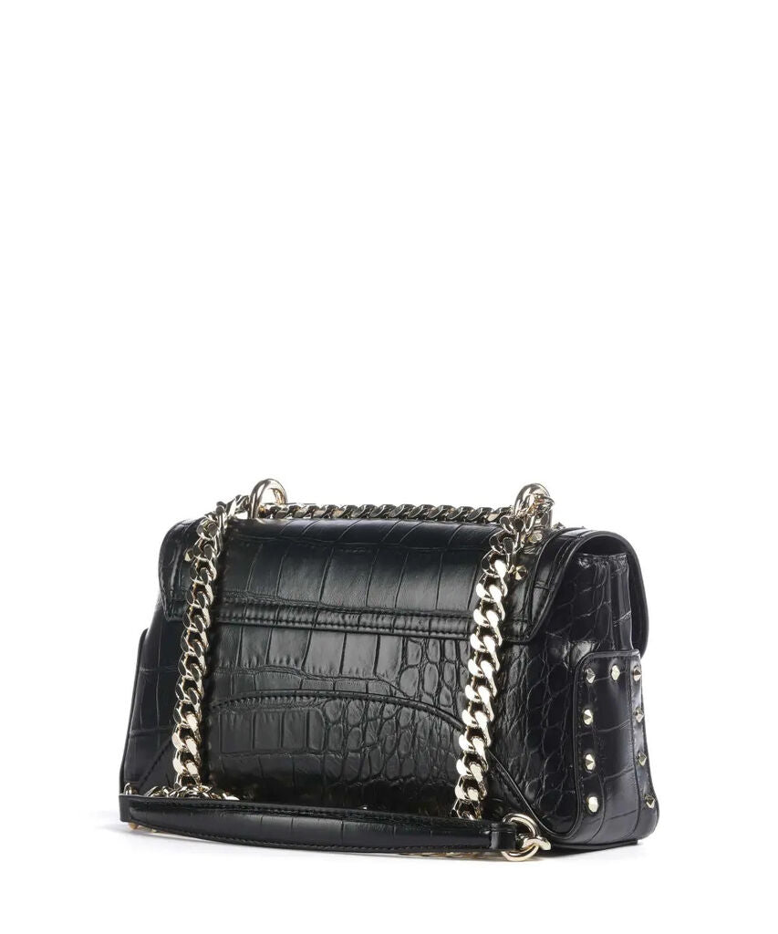 Black Embossed Leather Shoulder Bag with Stud Accents