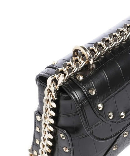 Black Embossed Leather Shoulder Bag with Stud Accents