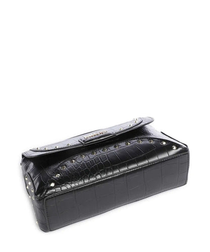 Black Embossed Leather Shoulder Bag with Stud Accents