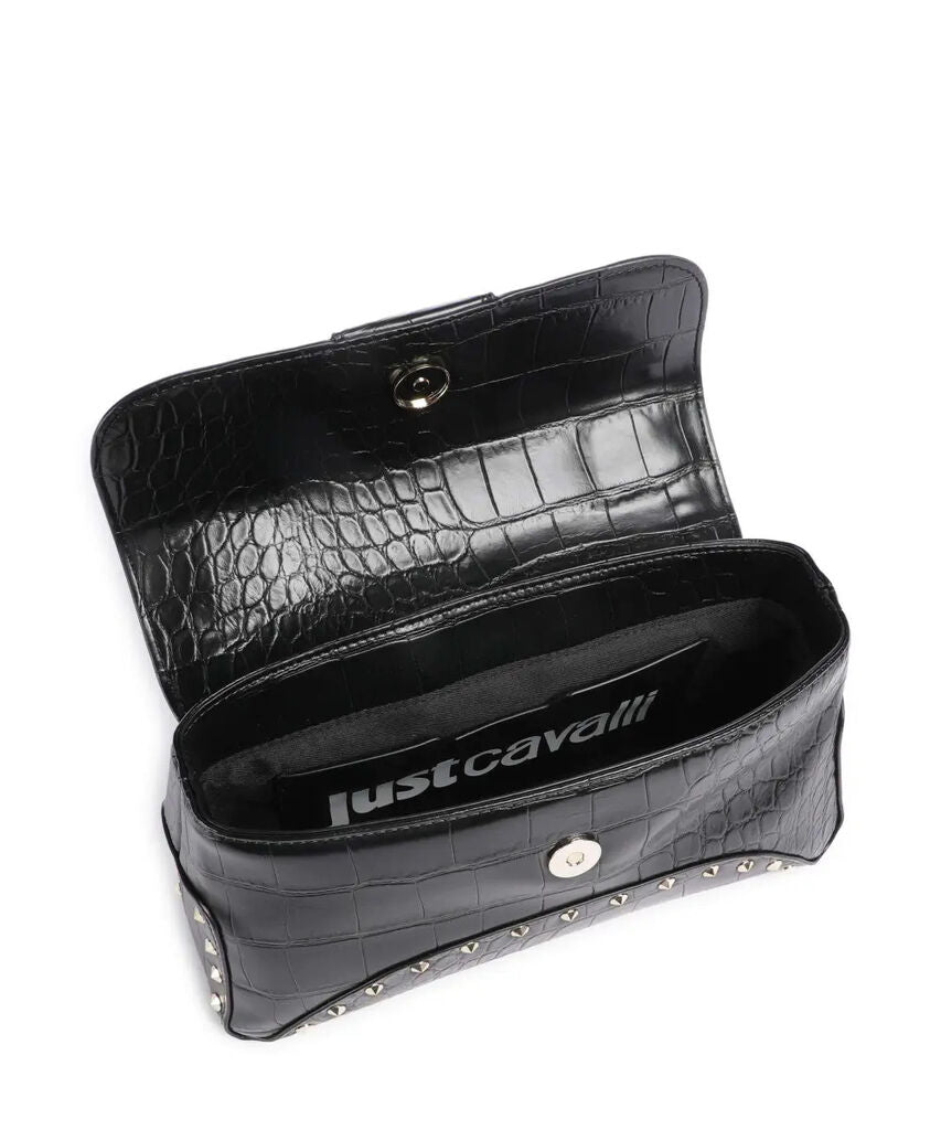 Black Embossed Leather Shoulder Bag with Stud Accents