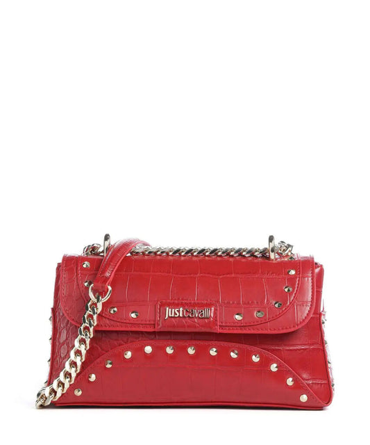 Red Embossed Leather Shoulder Bag with Stud Accents