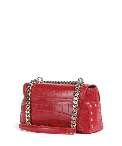 Red Embossed Leather Shoulder Bag with Stud Accents