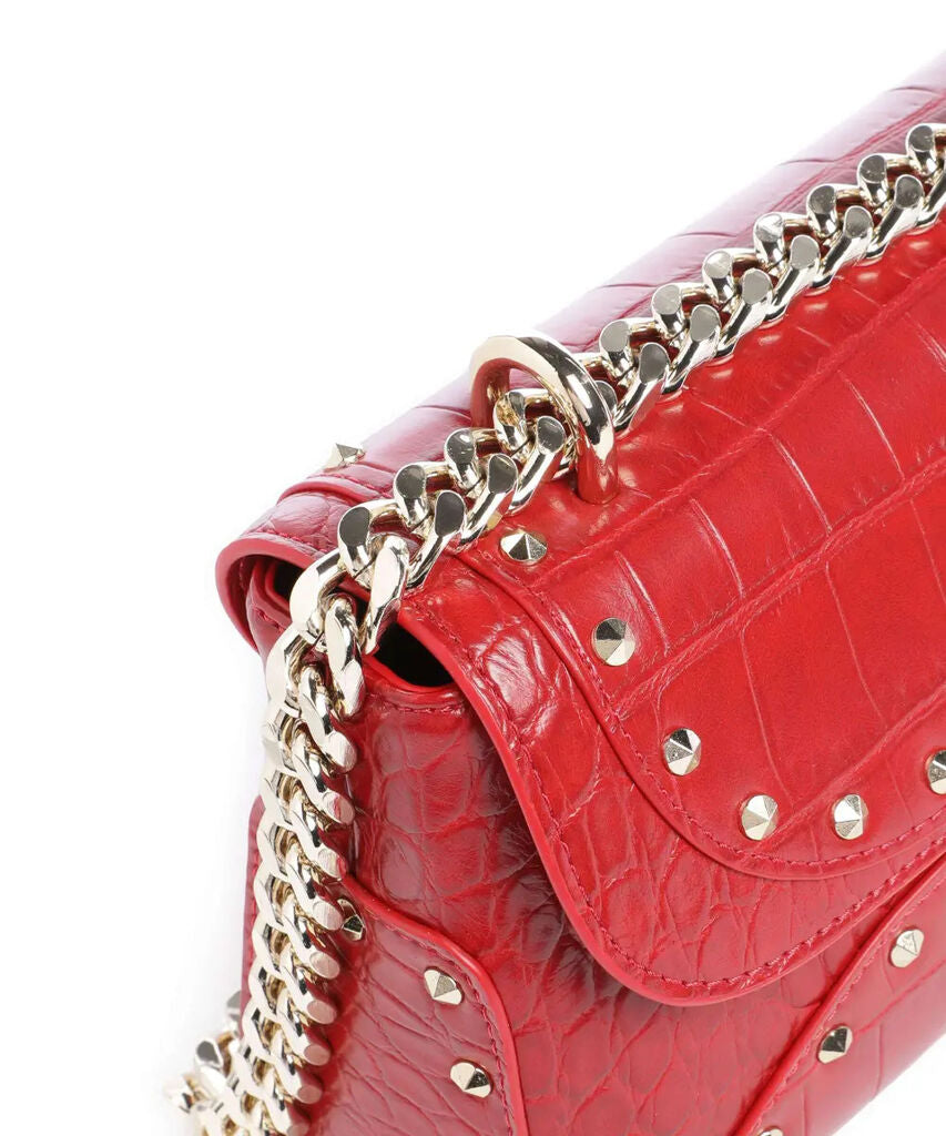 Red Embossed Leather Shoulder Bag with Stud Accents