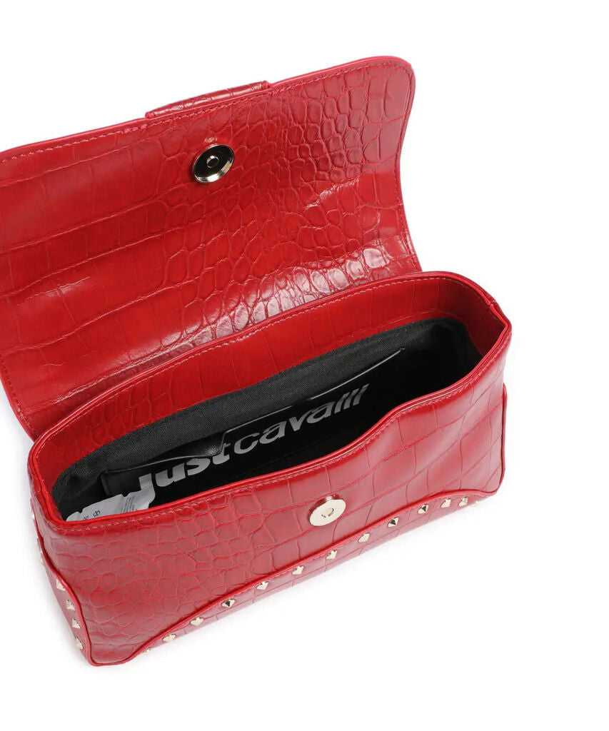 Red Embossed Leather Shoulder Bag with Stud Accents