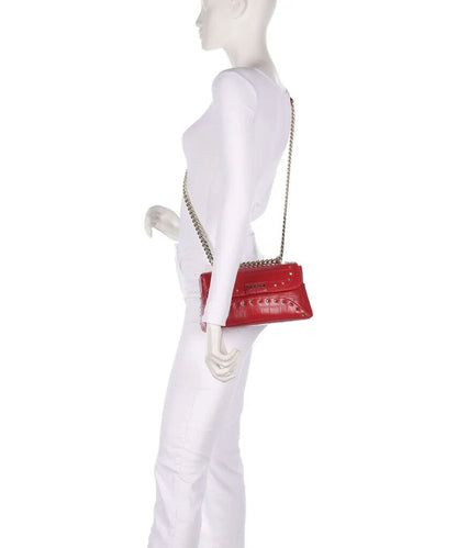 Red Embossed Leather Shoulder Bag with Stud Accents