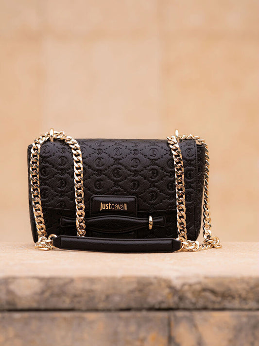 Black Embossed Crossbody Bag with Chain Strap