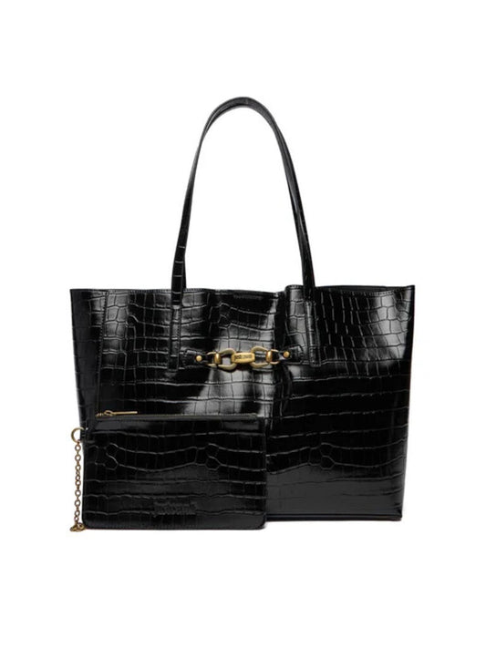 Black Croc-Embossed Tote Bag with Gold Accents