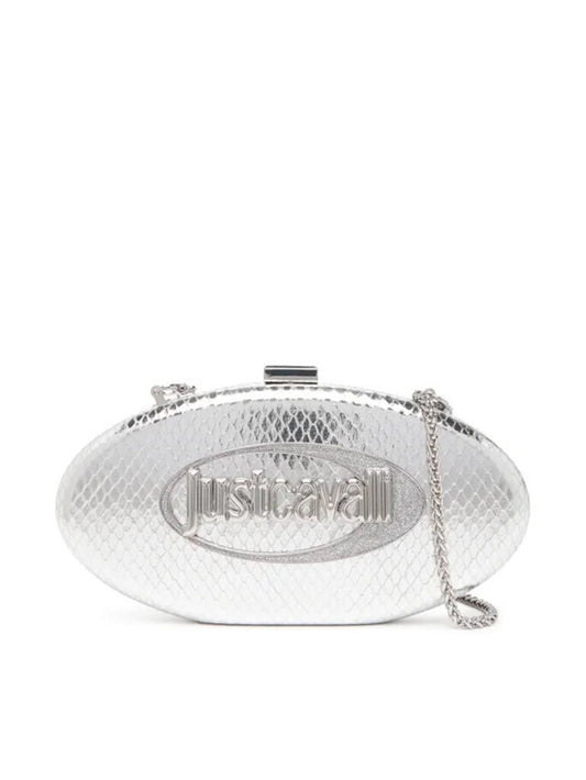 Silver Embossed Oval Clutch with Chain Strap