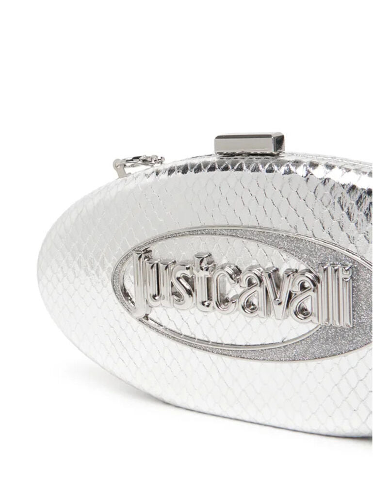 Silver Embossed Oval Clutch with Chain Strap
