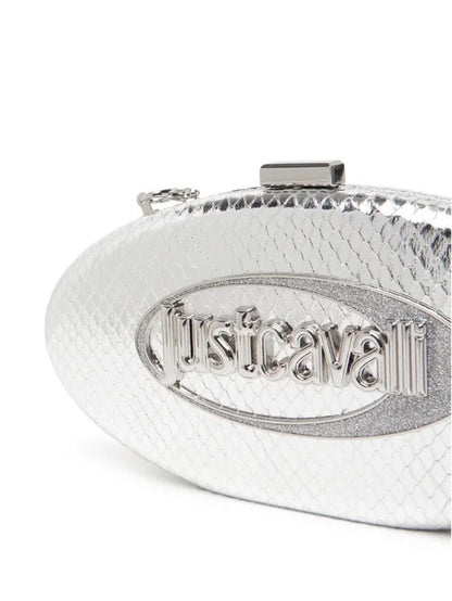 Silver Embossed Oval Clutch with Chain Strap