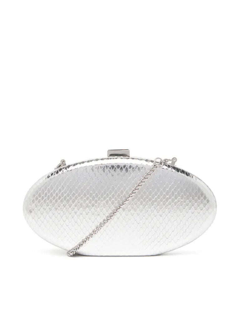 Silver Embossed Oval Clutch with Chain Strap