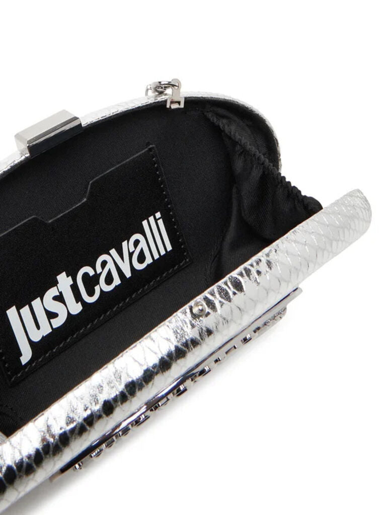 Silver Embossed Oval Clutch with Chain Strap