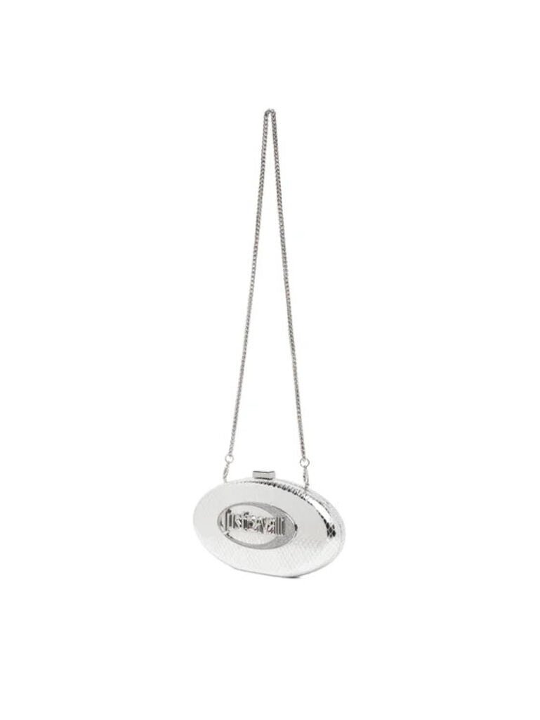 Silver Embossed Oval Clutch with Chain Strap