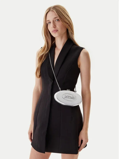 Silver Embossed Oval Clutch with Chain Strap