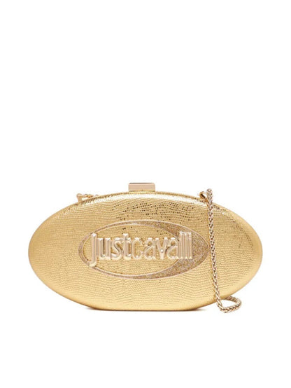 Gold Textured Oval Clutch with Chain Strap