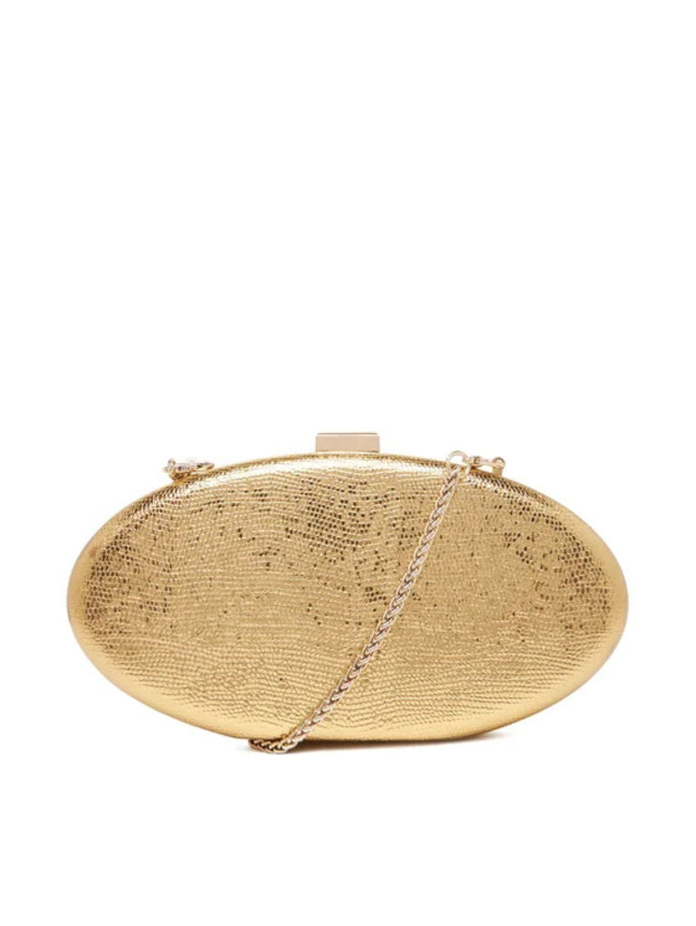 Gold Textured Oval Clutch with Chain Strap