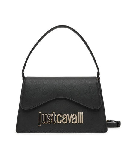 Black Structured Leather Handbag with Logo Accent