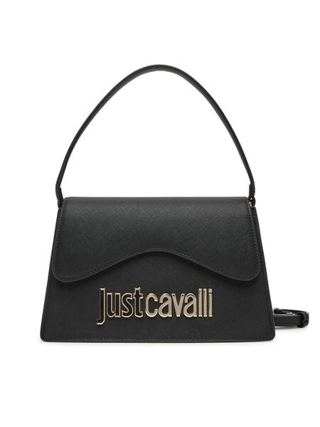Black Structured Leather Handbag with Logo Accent