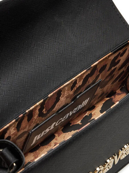 Black Structured Leather Handbag with Logo Accent