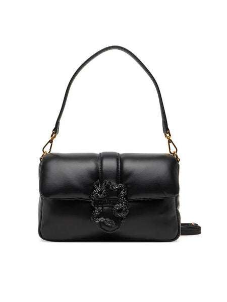 Black Leather Shoulder Bag with Ornamental Buckle