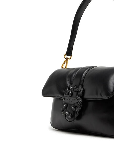 Black Leather Shoulder Bag with Ornamental Buckle