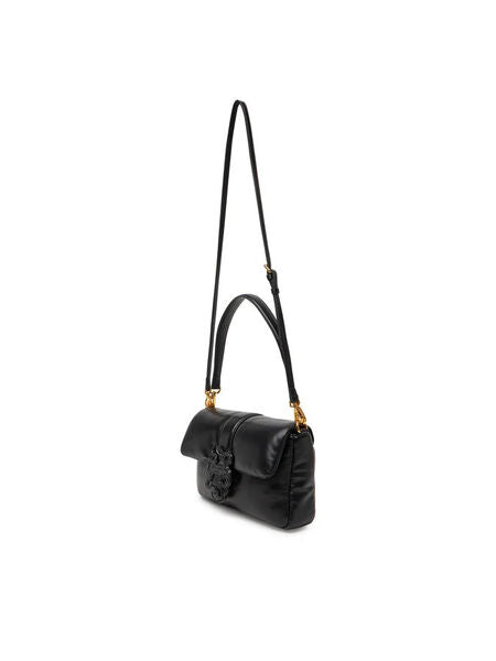 Black Leather Shoulder Bag with Ornamental Buckle