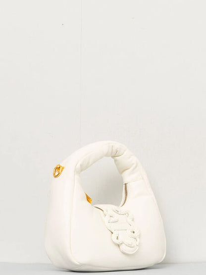 White Textured Shoulder Bag with Embossed Logo