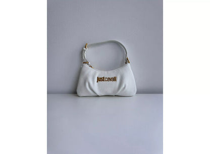 White Textured Shoulder Bag with Gold Logo