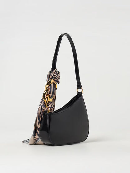 Black Faux Leather Shoulder Bag with Scarf Detail