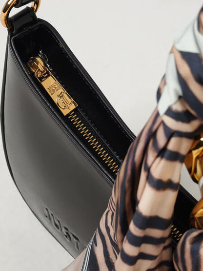 Black Faux Leather Shoulder Bag with Scarf Detail