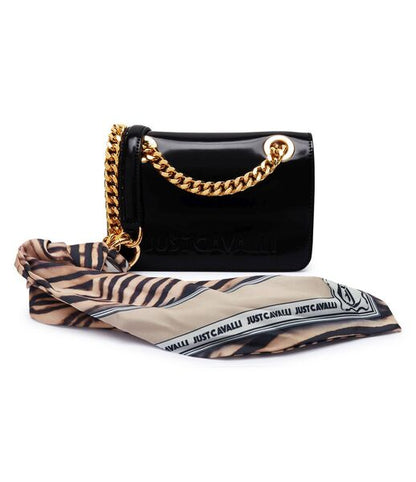 Black Glossy Mini Bag with Gold Chain Detail