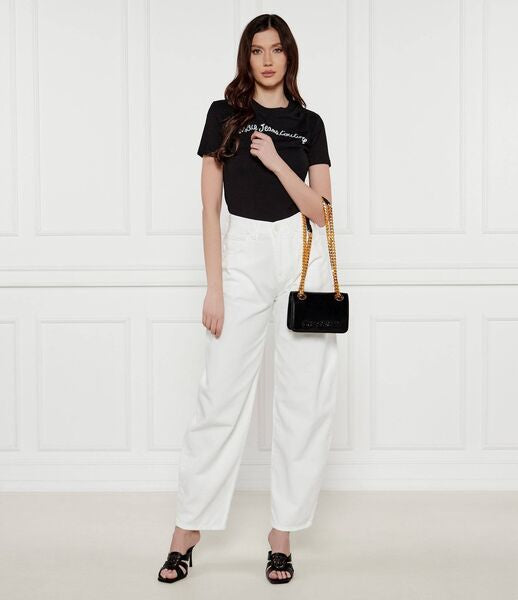 Black Glossy Mini Bag with Gold Chain Detail