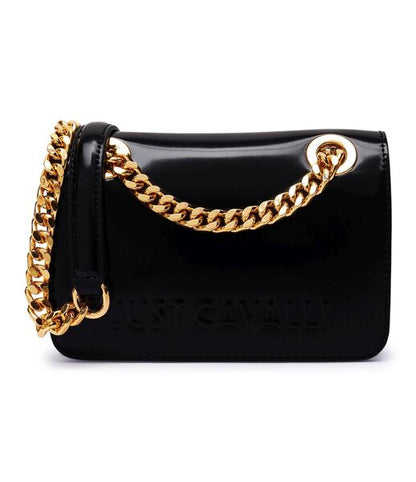 Black Glossy Mini Bag with Gold Chain Detail