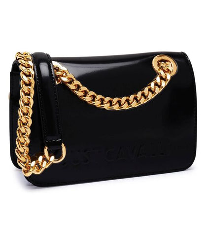 Black Glossy Mini Bag with Gold Chain Detail