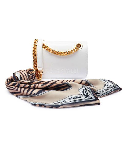 White Structured Shoulder Bag with Gold Chain Handle