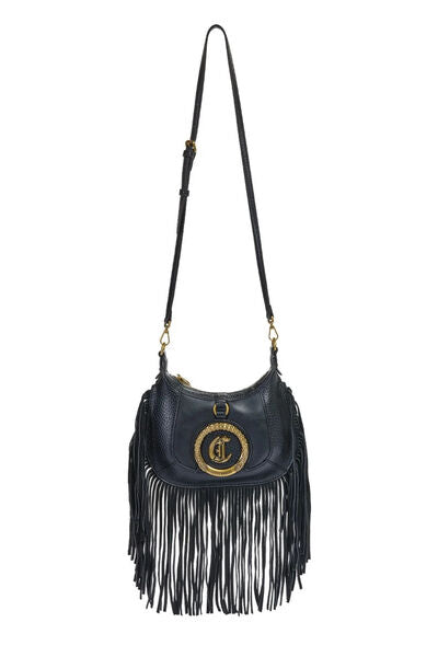 Black Fringe Crossbody Bag with Gold Accent