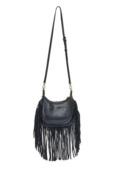Black Fringe Crossbody Bag with Gold Accent