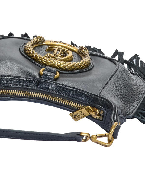 Black Fringe Crossbody Bag with Gold Accent