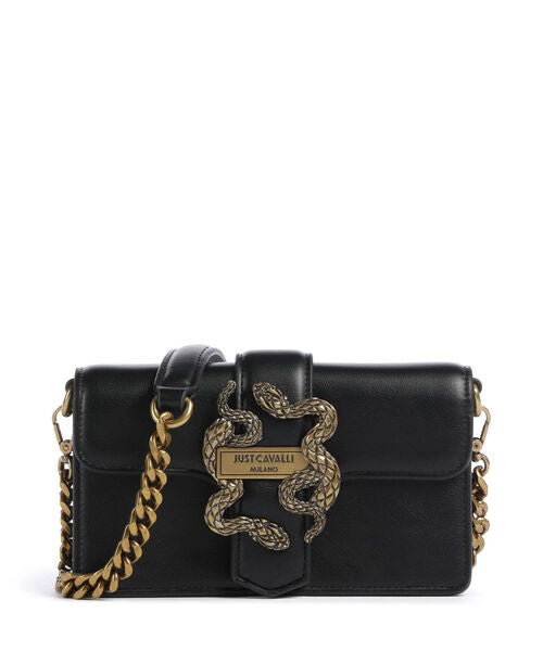 Black Leather Crossbody Bag with Snake Accent