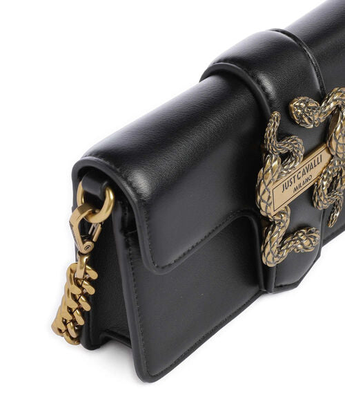 Black Leather Crossbody Bag with Snake Accent