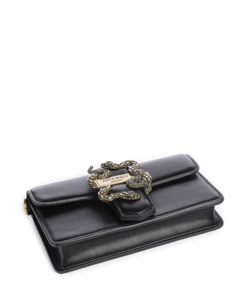 Black Leather Crossbody Bag with Snake Accent