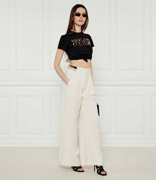 Cream High-Waisted Wide-Leg Trousers with Belt Detail
