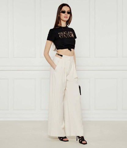 Cream High-Waisted Wide-Leg Trousers with Belt Detail