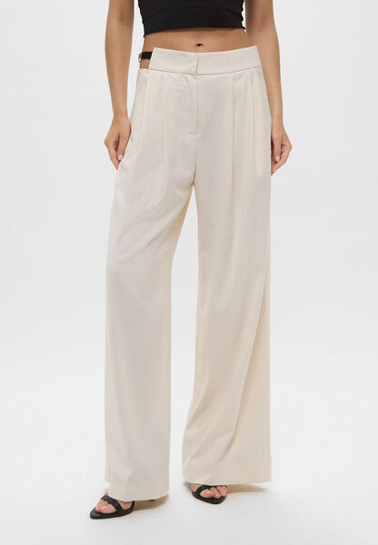 Cream High-Waisted Wide-Leg Trousers with Belt Detail