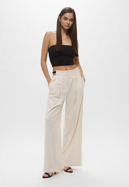 Cream High-Waisted Wide-Leg Trousers with Belt Detail
