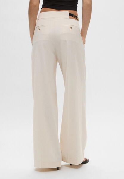 Cream High-Waisted Wide-Leg Trousers with Belt Detail