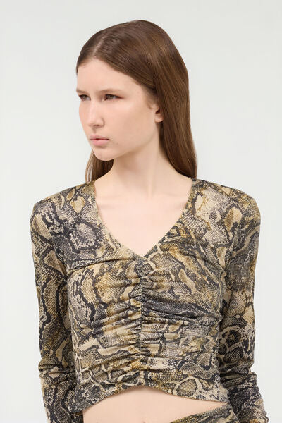 Brown Snake Print Ruched Top with Long Sleeves