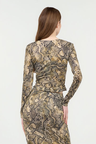 Brown Snake Print Ruched Top with Long Sleeves