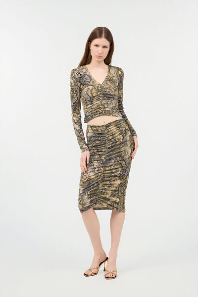 Brown Snake Print Ruched Top with Long Sleeves